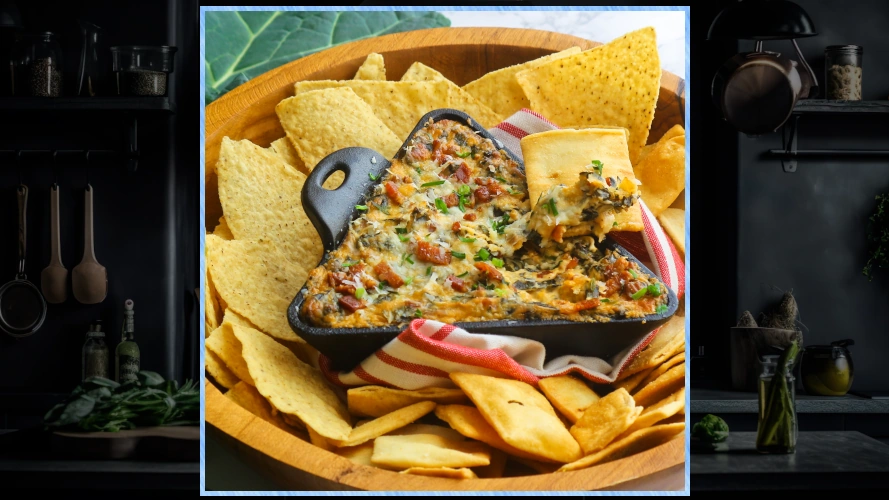 Warm Collard Cheesy Bacon Dip with chips.