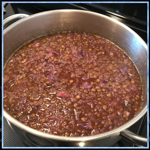 Pot of Don's lentil and cabbage soup on the stove.