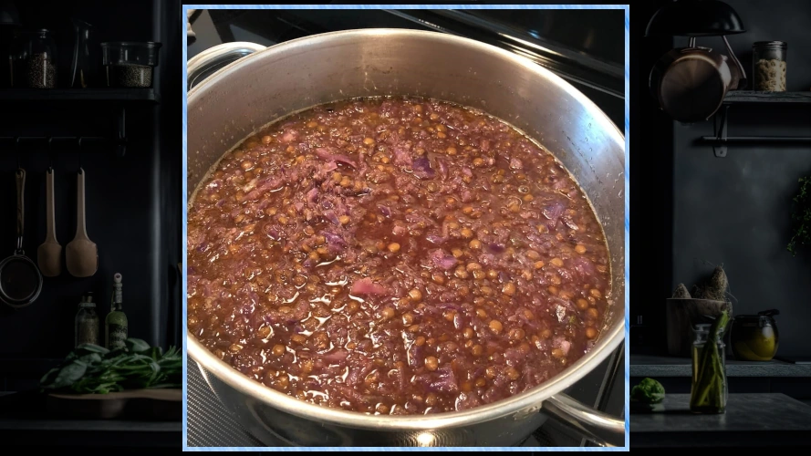 Pot of Don's lentil and cabbage soup on the stove.