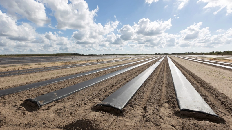 Conventinal beds of soil covered in plastic.