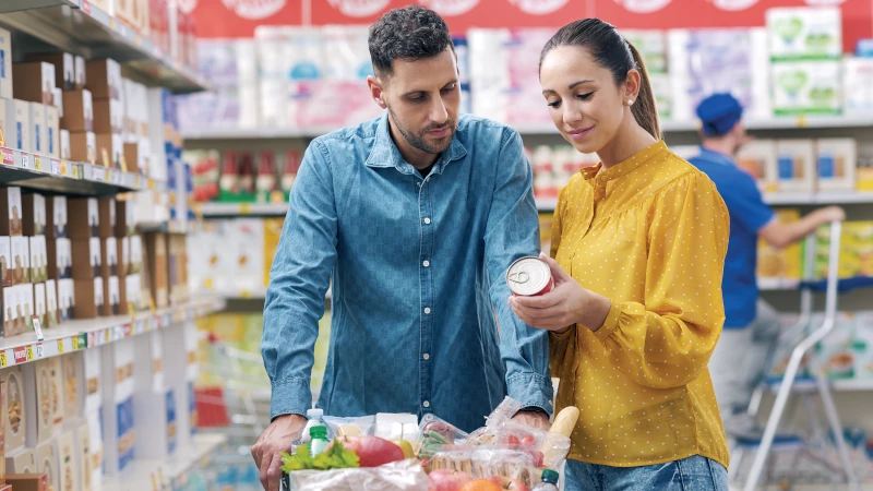 Two people in grocery store.