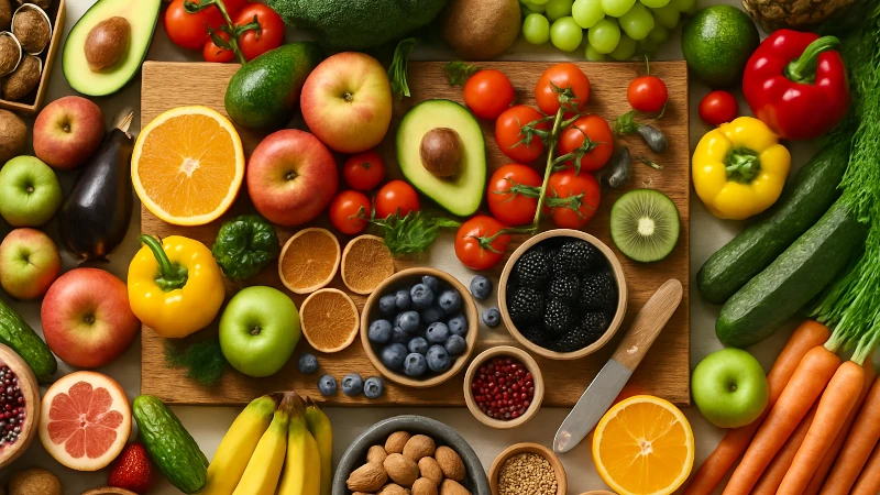 Assorted fruits, nuts, vegetables and whole grains.