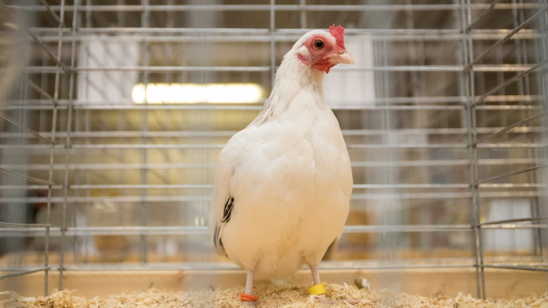 Hen in a cage.