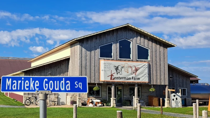 Street sign and storefront for Marieka Gouda in Wisconsin.