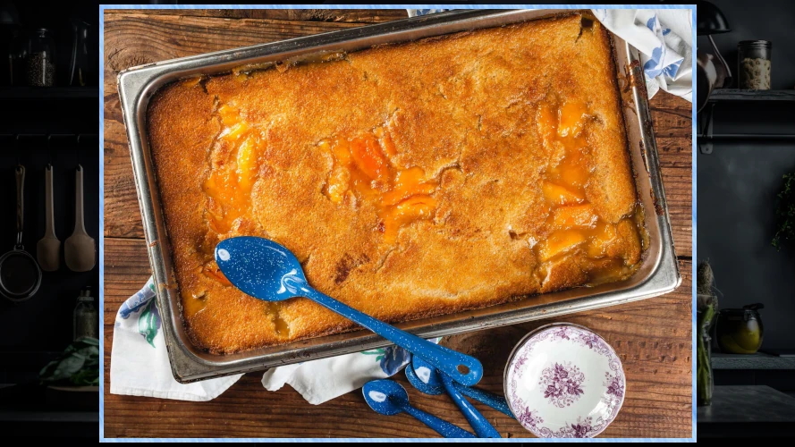 Baking dish of Lane Southern Orchards famours peach cobbler.