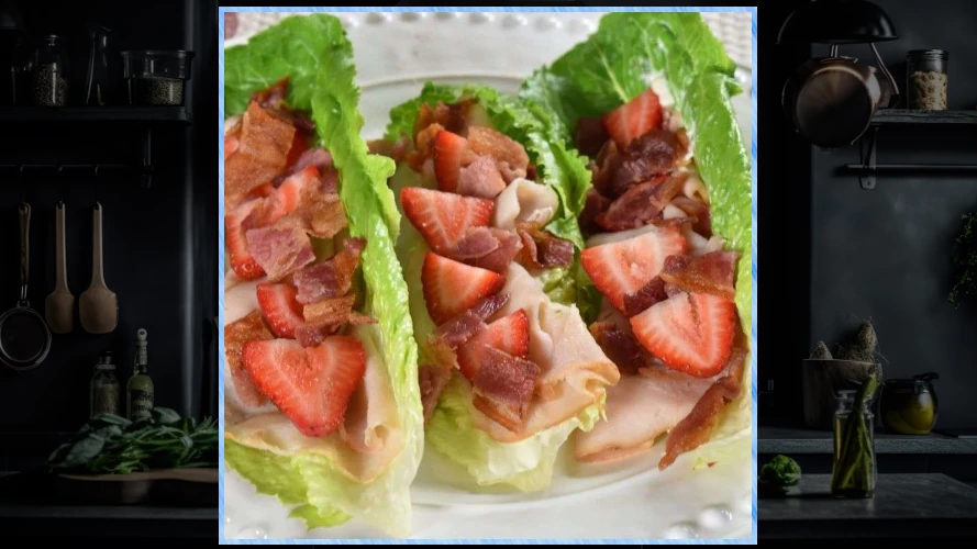 Strawberry BLT Lettuce roll-ups plated.