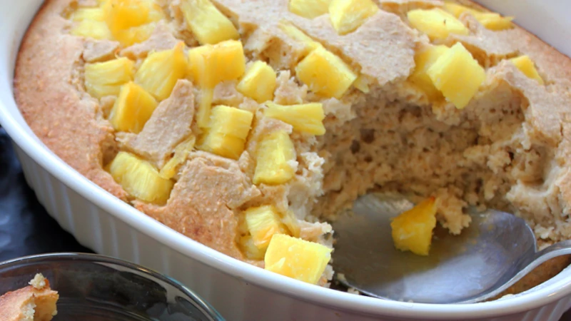 Hawaiian baked oatmeal in baking dish.