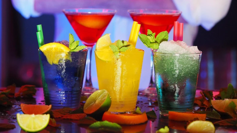 Assorted mocktails on a bar.