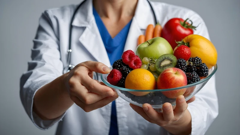 Doctor holding a bowl of assorted fruit.
