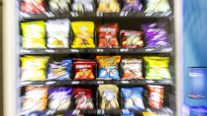 Vending machine with ultra-processed snacks.