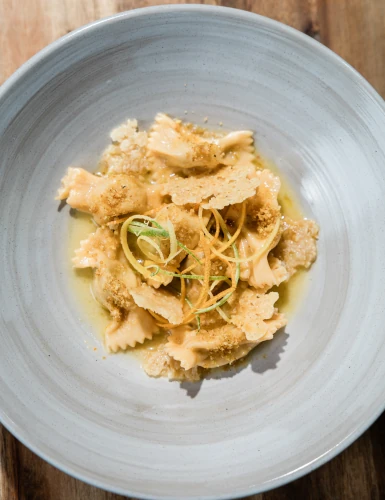 Che Vita's Agnolotti Blue Crab displayed in a white bowl.
