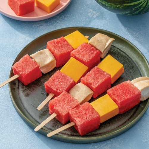 Watermelon, cheese and turkey breast kebabs.
