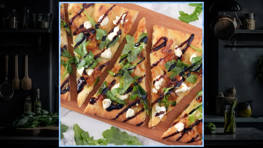 Caramelized Sweet Onion & Goat Cheese Flatbread plated.
