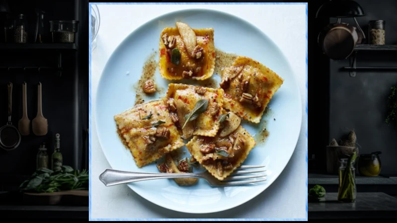 Plate of Pumpkin & Sage Ravioli With Apple & Pecans