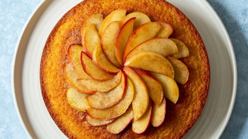 Orange Olive Oil Cake with Spiced Apples on top.