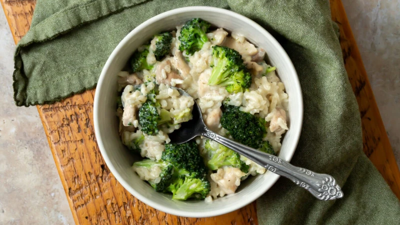Bowl of Creamy One Pot Chicken, Broccoli and Rice
