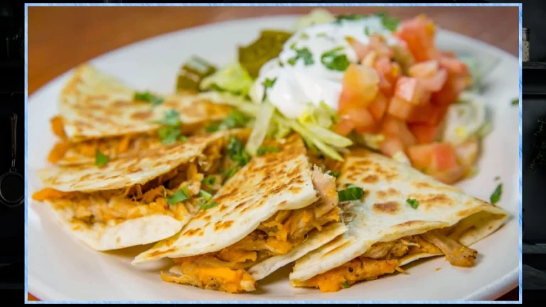 Plated pork sweetpotato quesadilla.