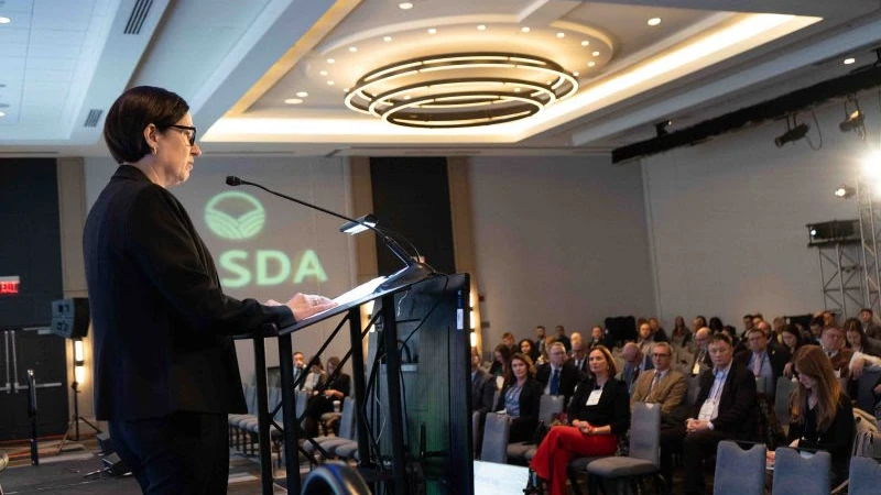Woman at a podium giving a lecture. 