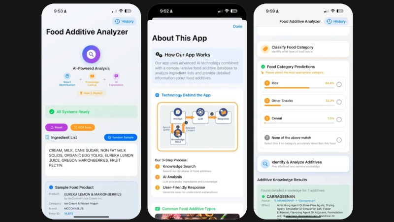 Screenshots of Food Additive Analyzer App