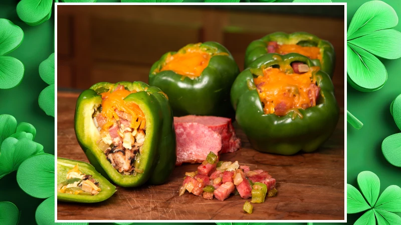 Corned beef and egg stuffed peppers.