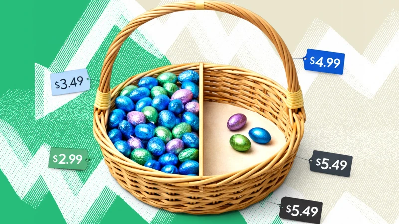 Easter baskey, half full with candy, the other half virtually empty.