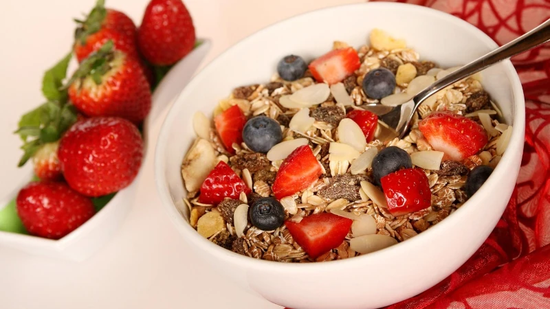 Bowl of oats, blueberries and strawberries