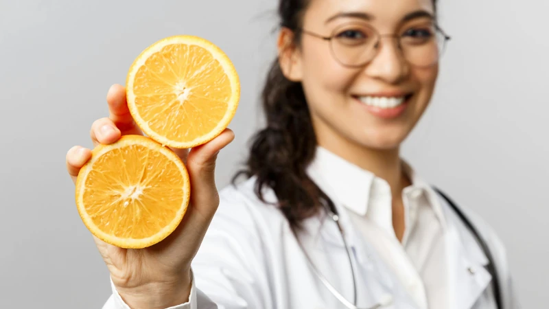 Doctor holding sliced orange