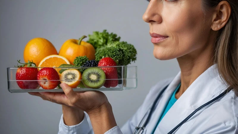 Doctor holding tray of healthy foods.