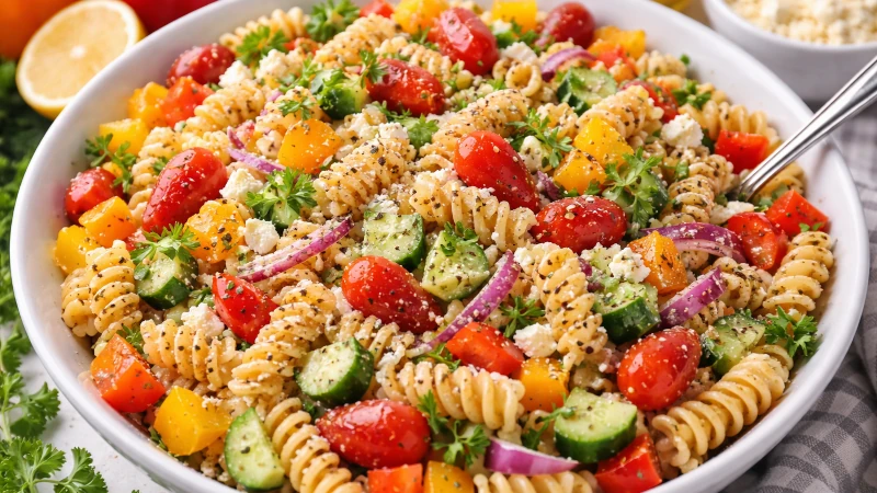 Bowled pasta salad.