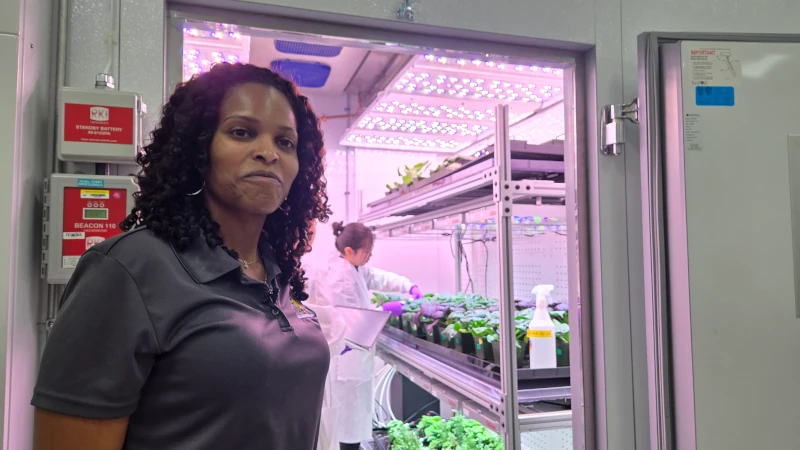Woman in front of plant lab container.