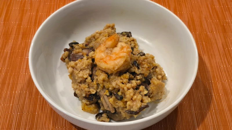 Bowl of mushroom shrimp risotto.