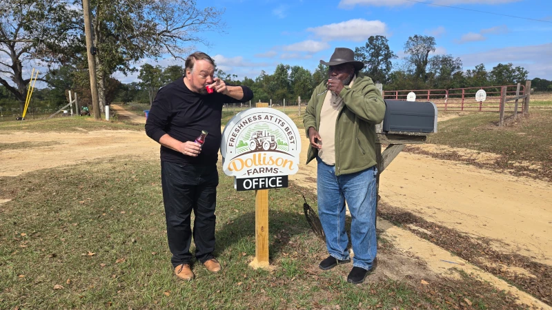 Two men sipping a farm fresh juice on the farm that produced it.
