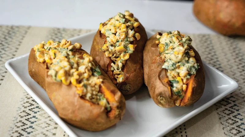 plated street-corn stuffed sweetpotatoes.