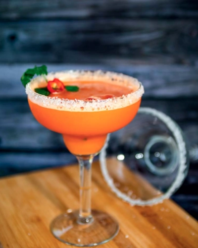 Tipsy Carrot cocktail with a salted rim.
