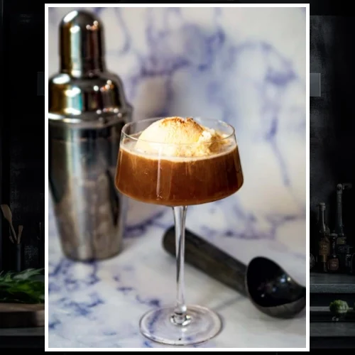 Kado cocktail with a vanilla ice cream and nutmet garnish.