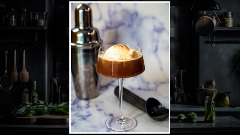 Kado cocktail with a vanilla ice cream and nutmet garnish.