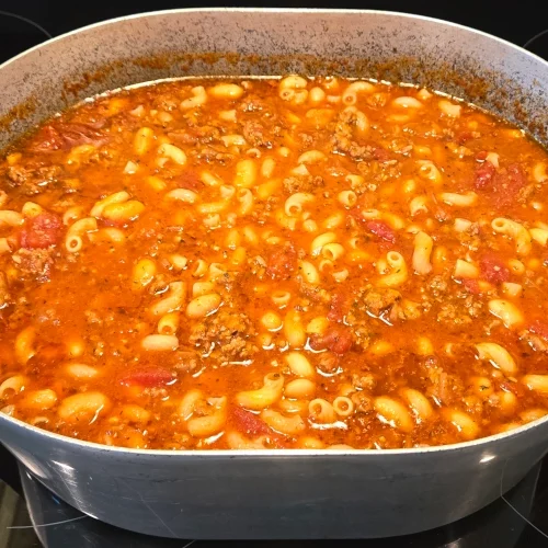 Pot of delicious pasta fazool ready to eat.